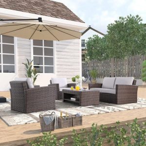 Emlee Wicker/Rattan 4 Person Seating Group with Cushions